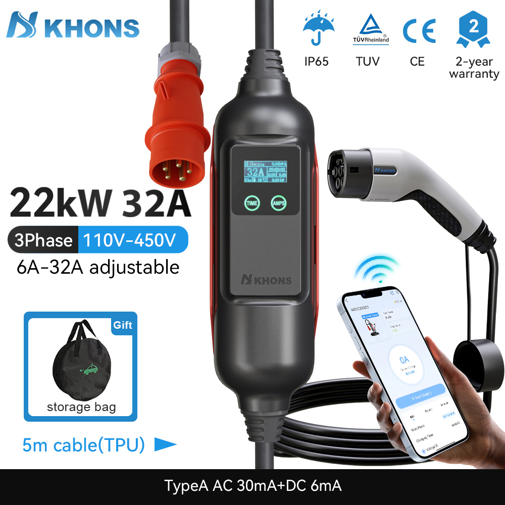 Ev Charger Type 2 22Kw 32A 3 Phase - Khons 휴대용 EV 충전기, EV 충전